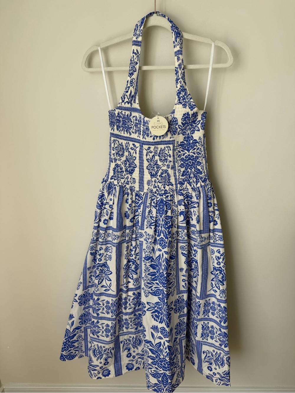 Blue & White Floral Halter cotton Midi Dress with Pockets